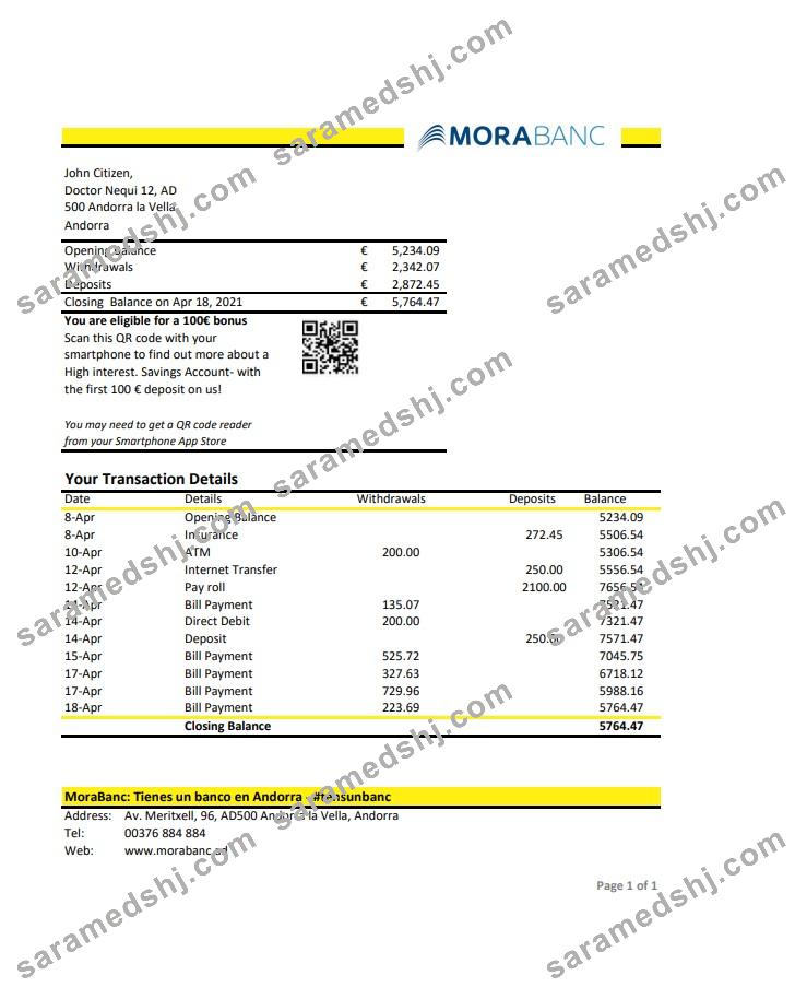 Andorra MoraBank bank statement template in Excel and PDF format
